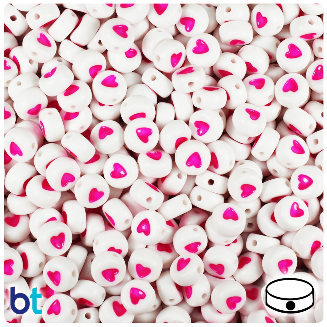 BeadTin White Opaque 7mm Coin Plastic Alpha Beads - Pink Hearts (250pcs)